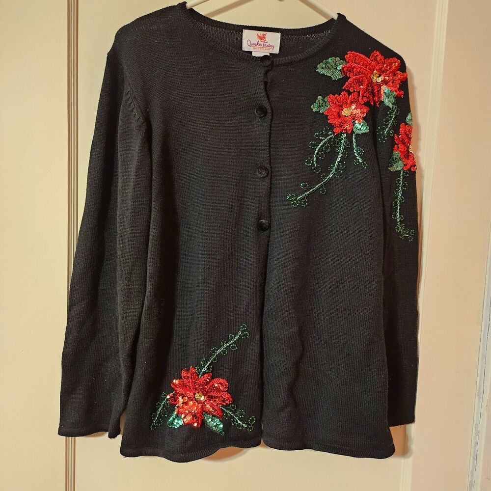 Poinsettia Sequin Cardigan Sweater Quacker Factory Black Christmas Small